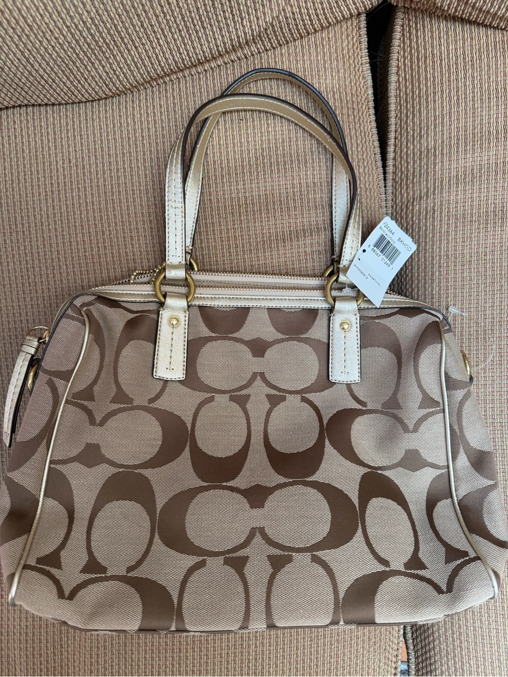 NWT Coach Signature Canvas Satchel Shoulder Bag in Khaki/Gold with extra strap - Picture 2 of 10